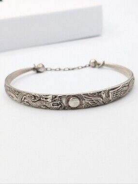 Chinese fine silver .999 bangle bracelet safety chain dragon and phoenix